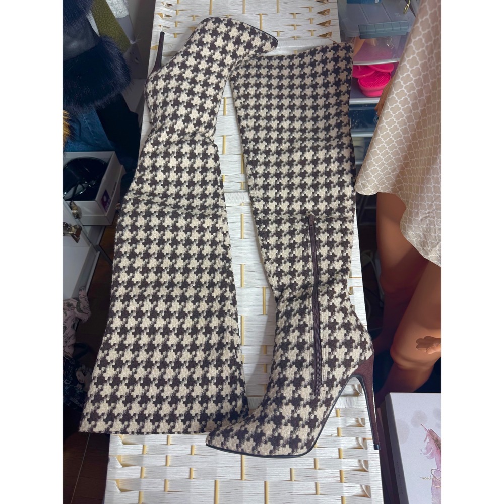 Brown White Houndstooth Thigh High Boots Stiletto Chic Statement See Last 2 Pics